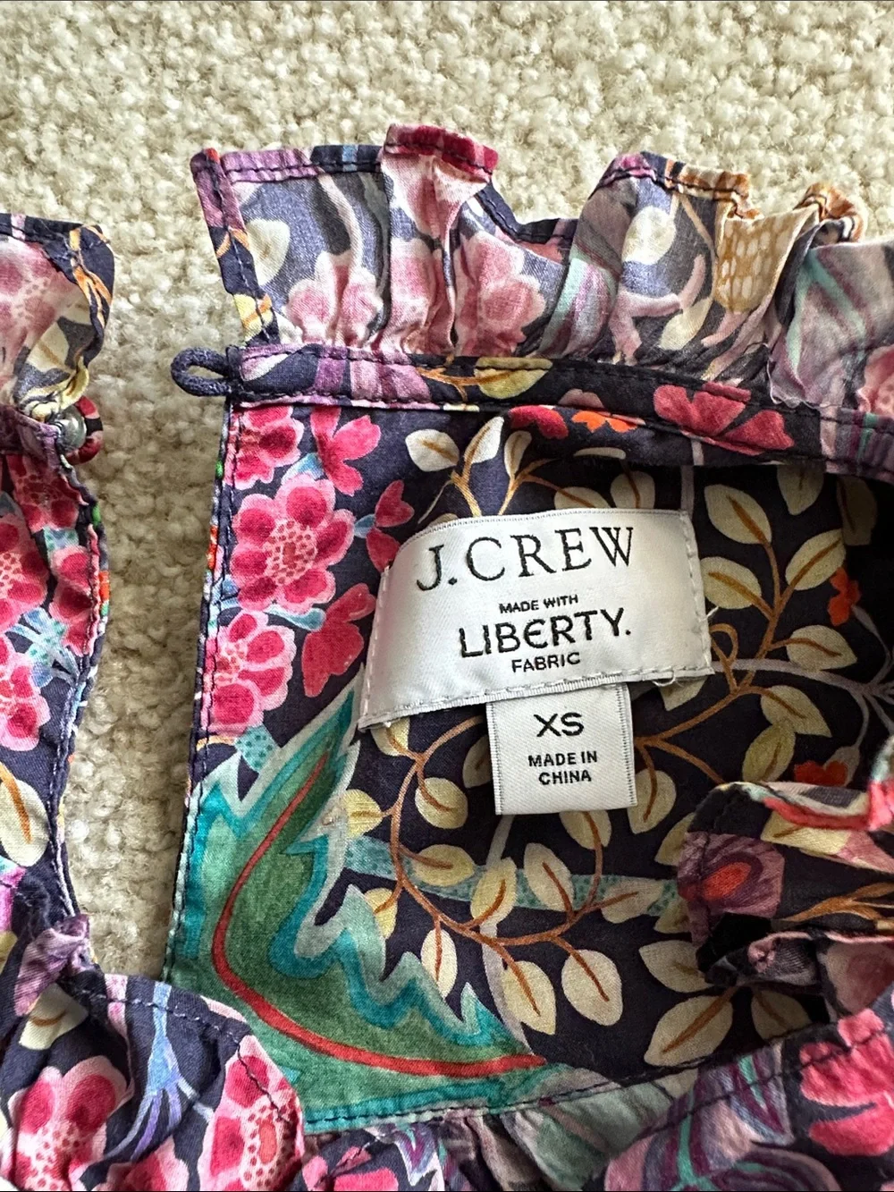 J. Crew liberty fabric Floral Puff-Sleeve Peasant Blouse in Navy, Pink & Teal